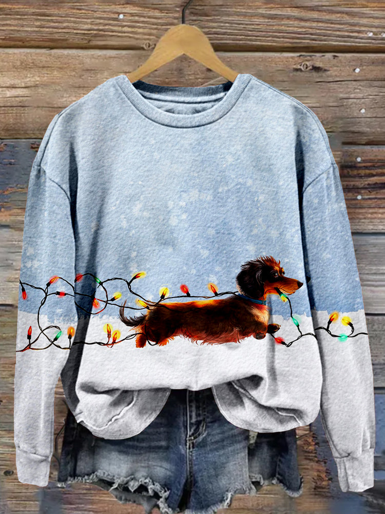 Comstylish Dachshund Tangled In Lights Christmas Washed Sweatshirt