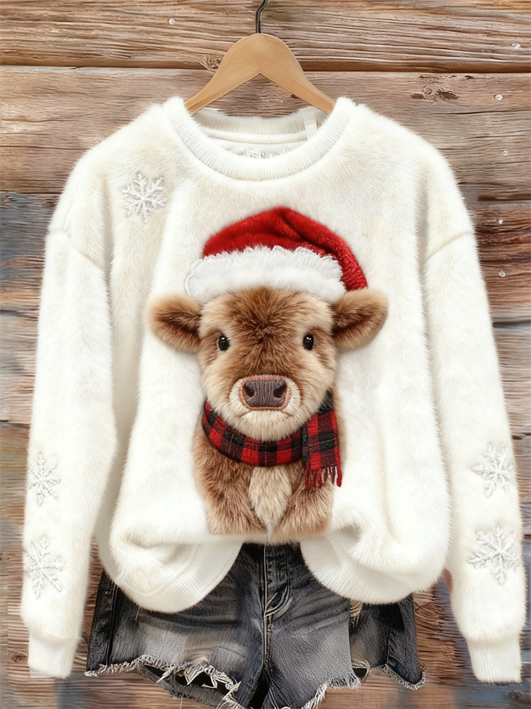 Christmas Highland Cow Snowflakes Embroidered Cozy Plush Sweatshirt artswardrobe
