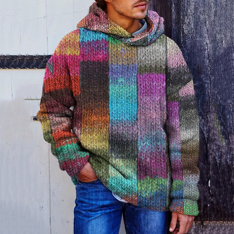 Men's Vintage Plaid Colorful Patchwork Cozy Hooded Sweater elevenforest