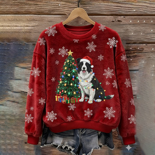 Christmas Tree And Puppy Pattern Women's Comfortable Plush Sweater
