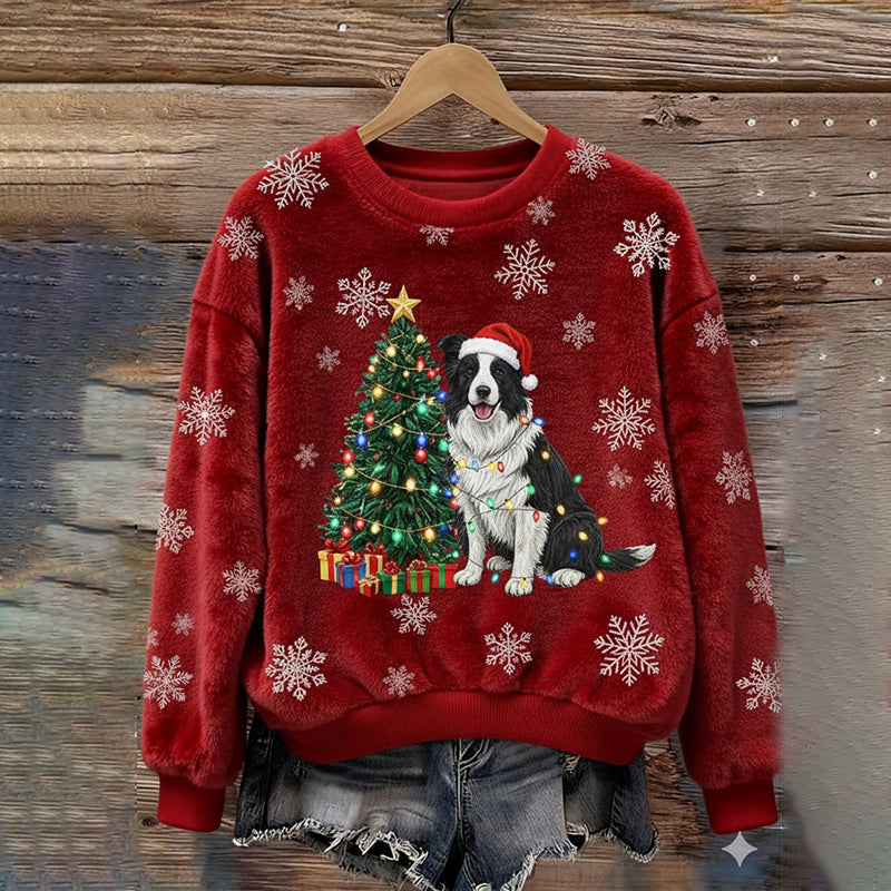 Comstylish Christmas Tree And Puppy Pattern Women's Comfortable Plush Sweater