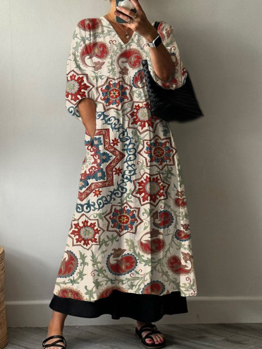 Women's Boho Vintage Floral Print Pocket V-neck Cotton Dress