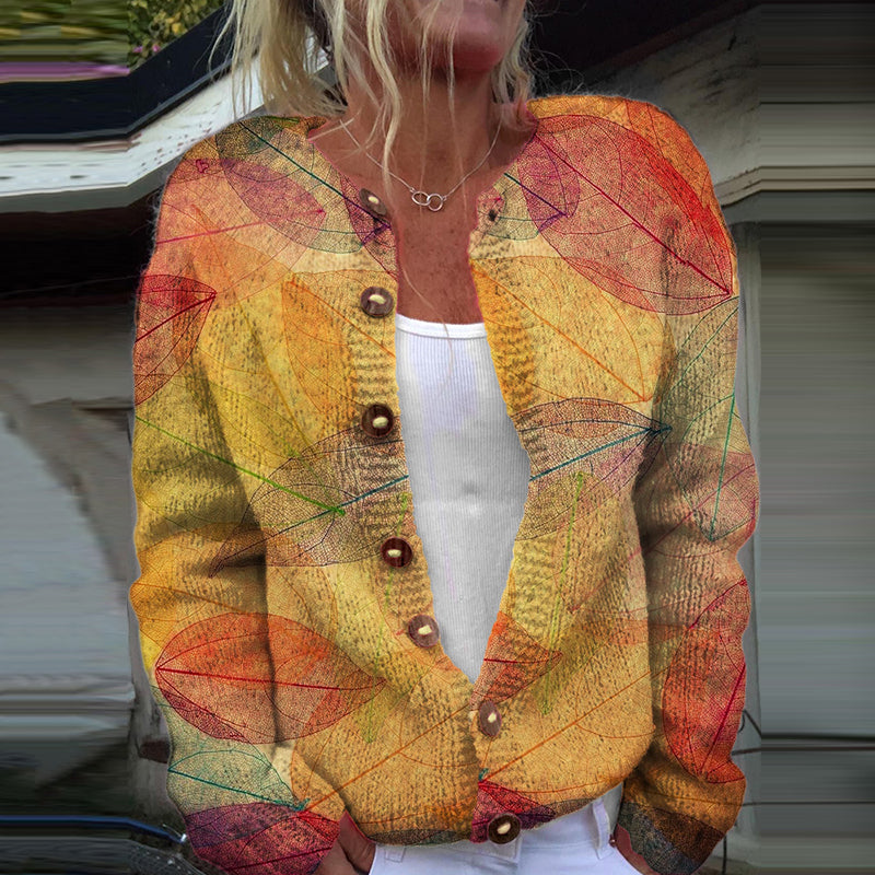Autumn Leaf Print Casual Knitted Cardigan artswardrobe