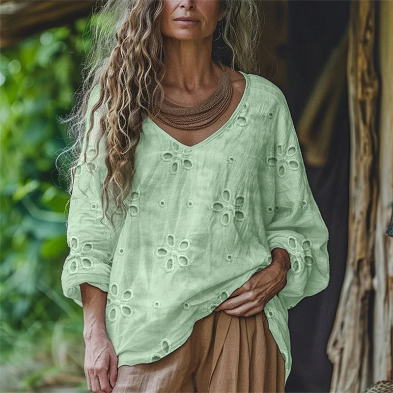 Comstylish Floral Hollow Lace Embroidered Flowy Linen Tunic