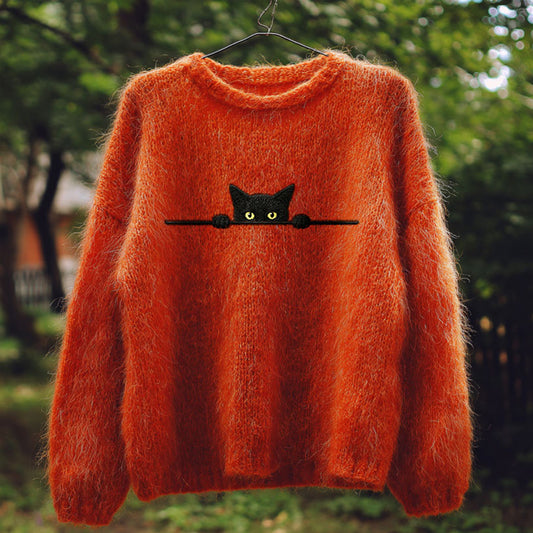 Retro Casual Halloween Funny Black Cat Embroidered Sweater artswardrobe