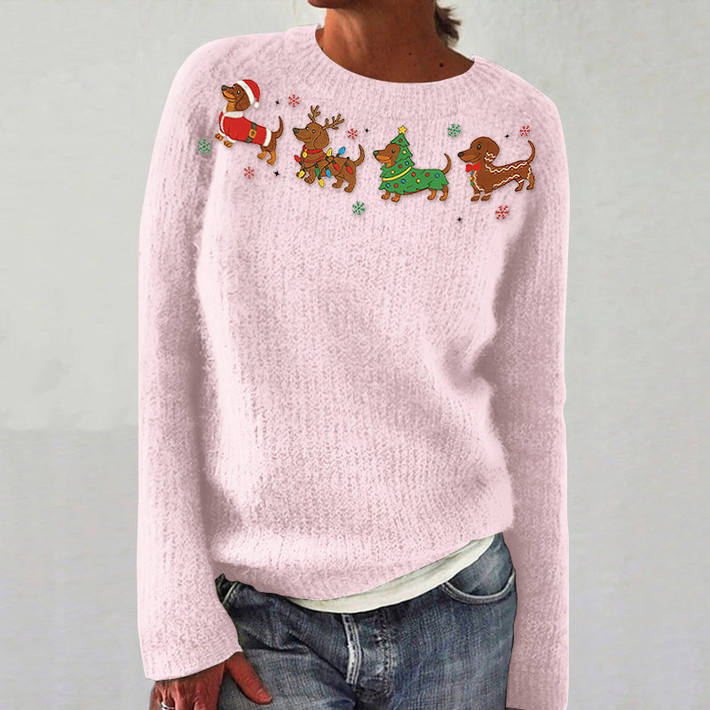 Comstylish Women's Christmas Dog Embroidered Knitted Crew Neck Sweater