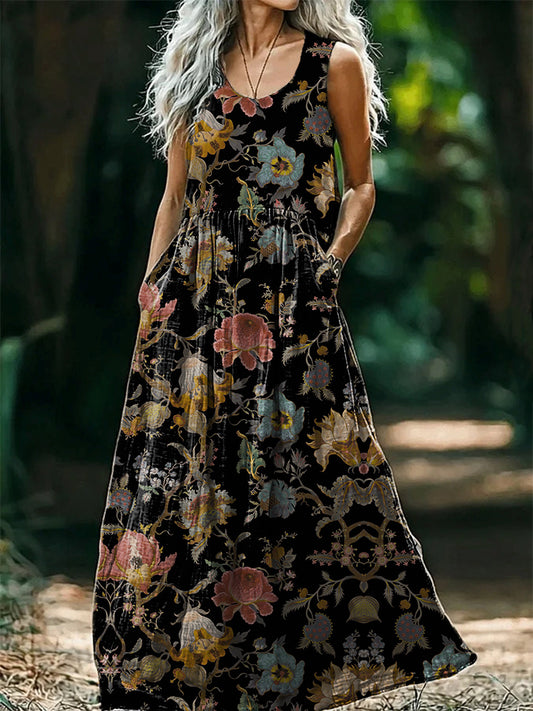 Women's Vintage Ethnic Floral Art Print V-Neck Button Pocket Cotton Dr