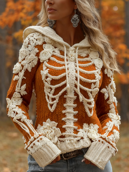 Women's Halloween Skeleton Bones With Roses Art Knitted Warm Hooded Sweater artswardrobe