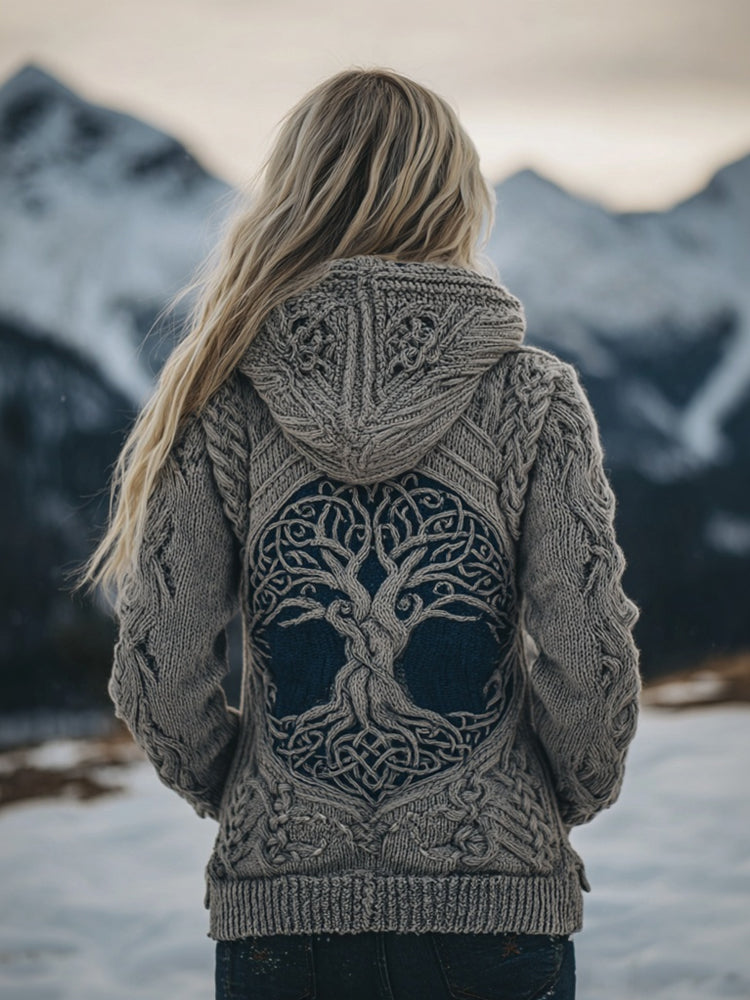 Viking Tree Of Life Pattern Celtic Knit Cozy Hooded Sweater artswardrobe