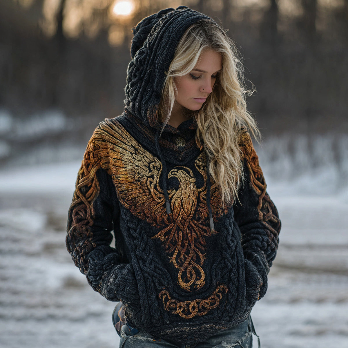 Women's Celtic Knot Myth Phoenix Embroidered Hooded Sweater elevenforest