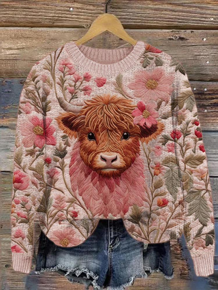 Highland Cow Pink Floral Embroidery Cozy Knit Sweater artswardrobe