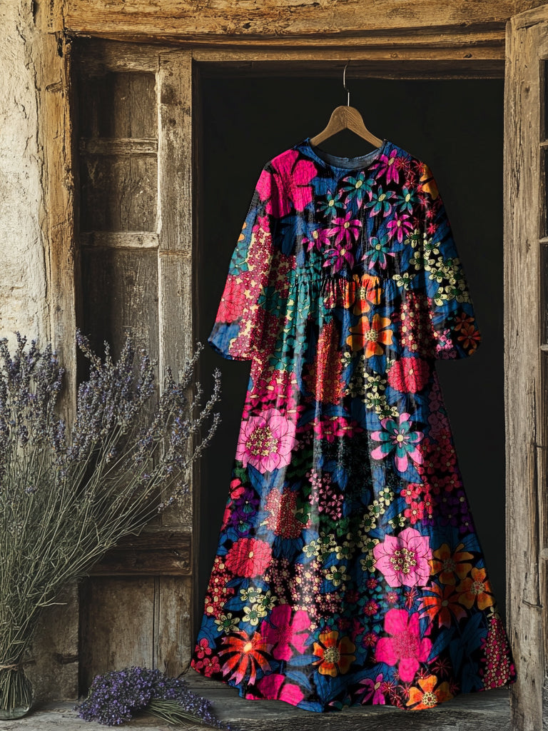 Women's Bohemian Floral Art Print Flowy Cotton Crew Neck Dress