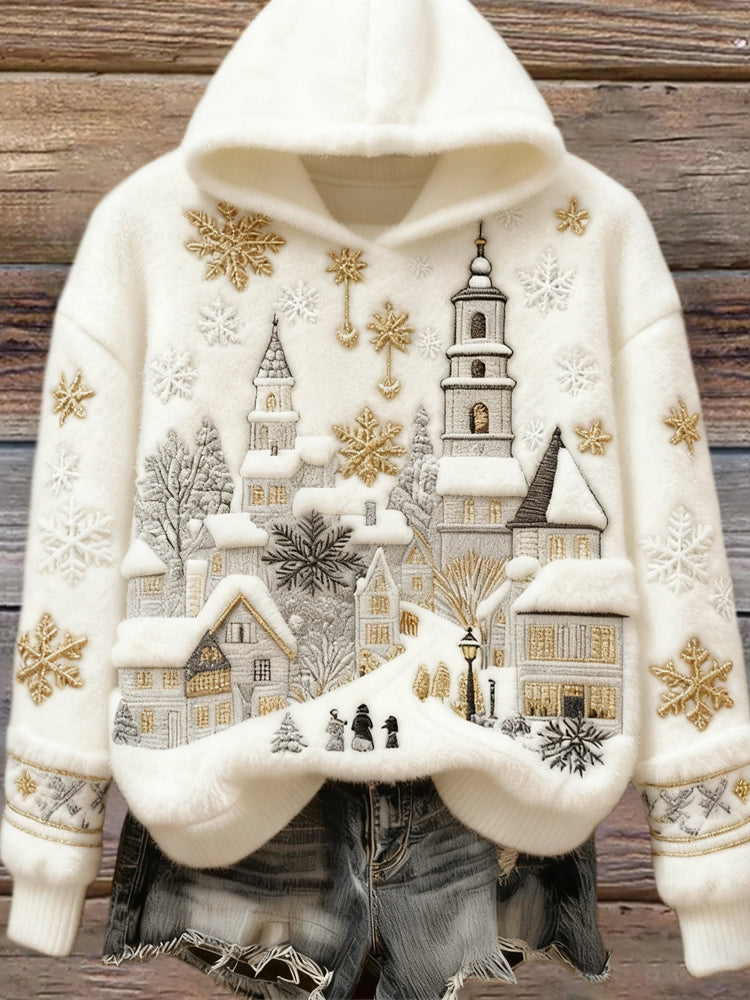Christmas Snow Scene Embroidered Women's Hooded Sweater artswardrobe