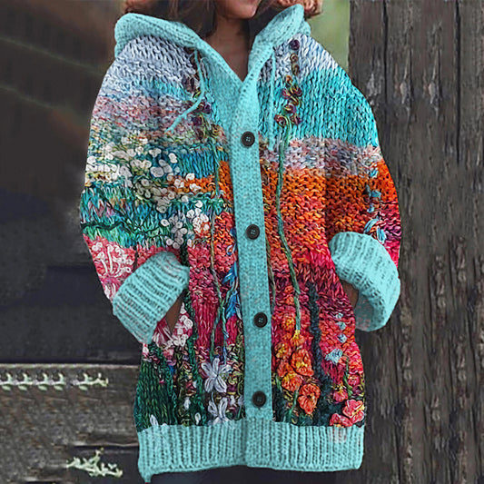 Vintage Floral Embroidery Hooded Cardigan Sweater artswardrobe