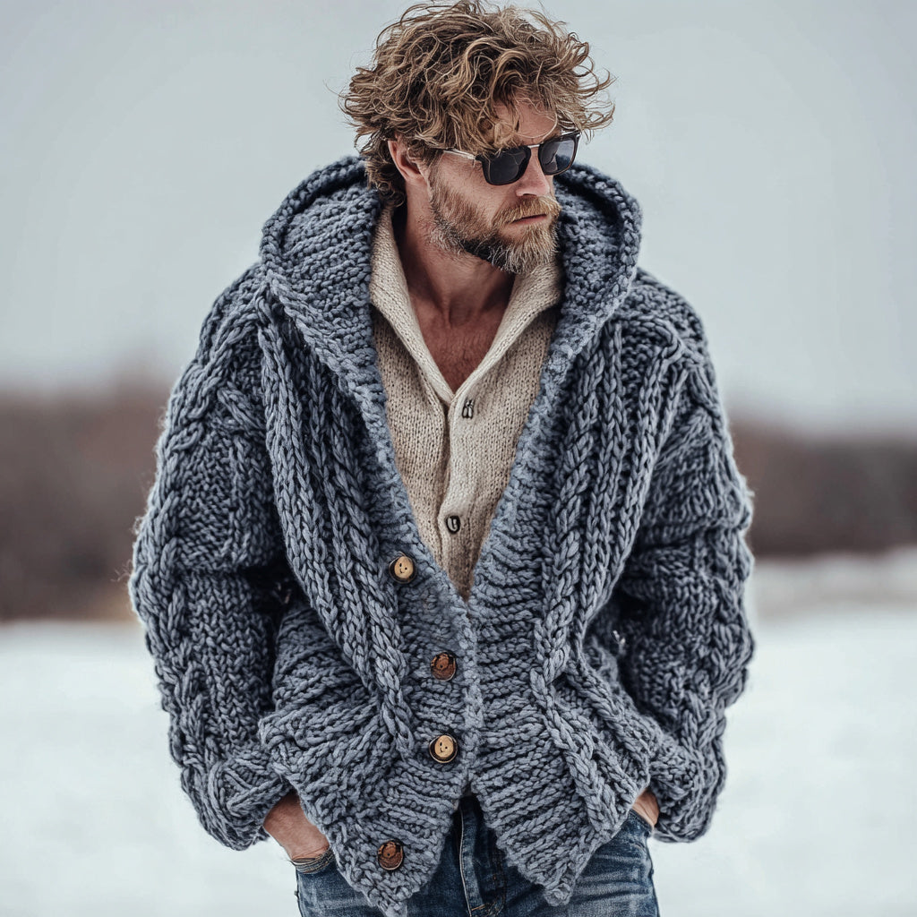 Men's Casual Fairman Island Chunky Knit Buttons Hooded Sweater Cardigan artswardrobe