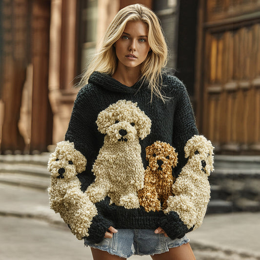 Vintage Fluffy Dogs Felt Cozy Knit Hooded Sweater elevenforest