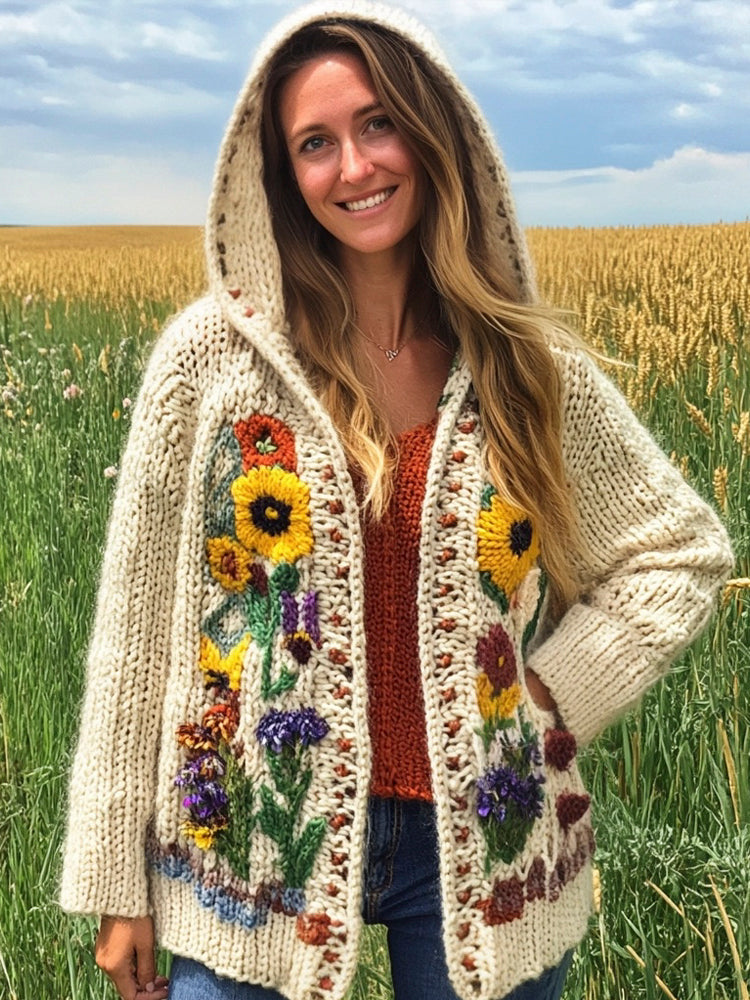 Rustic Knit Floral Women's Hooded Cardigan elevenforest
