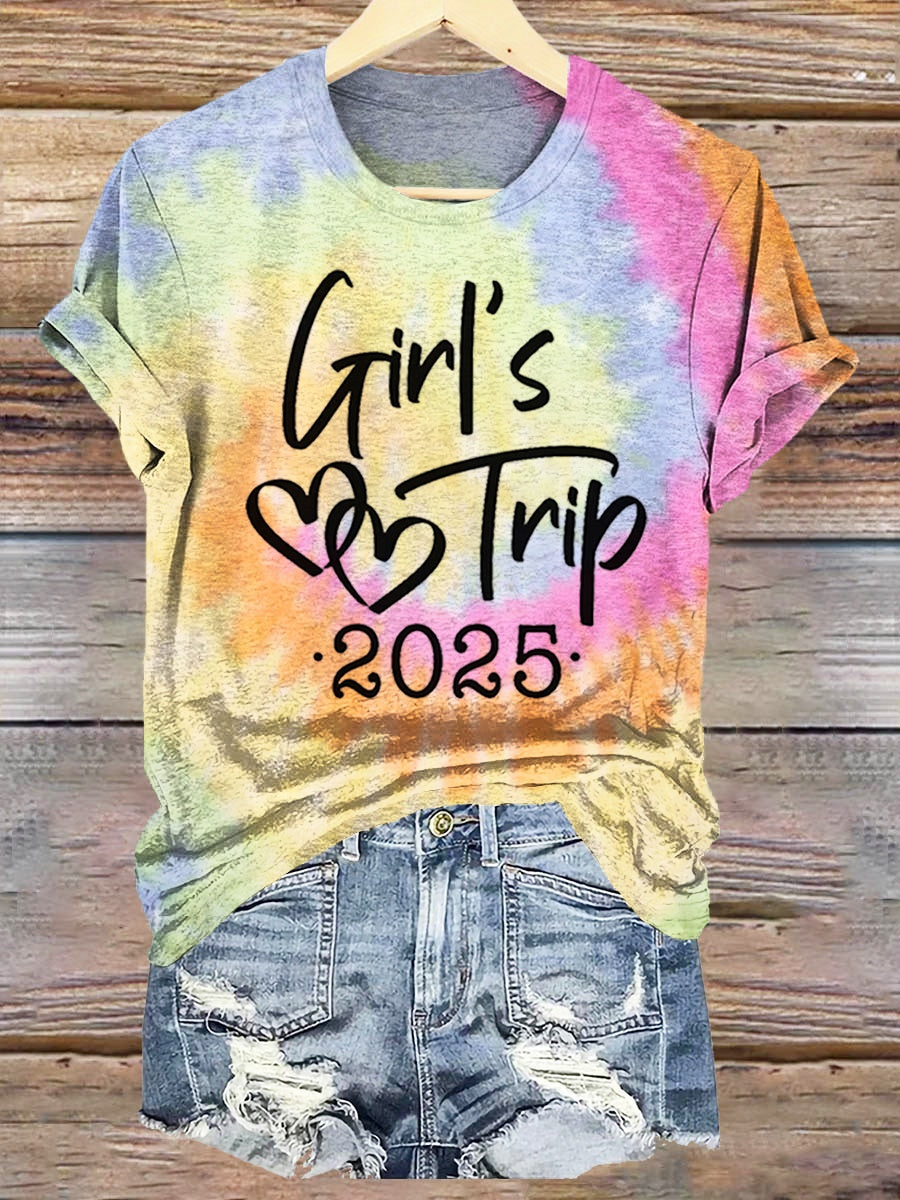 Women's Girl's Trip 2025 Tie-dye Art Print Crew Neck T-shirt
