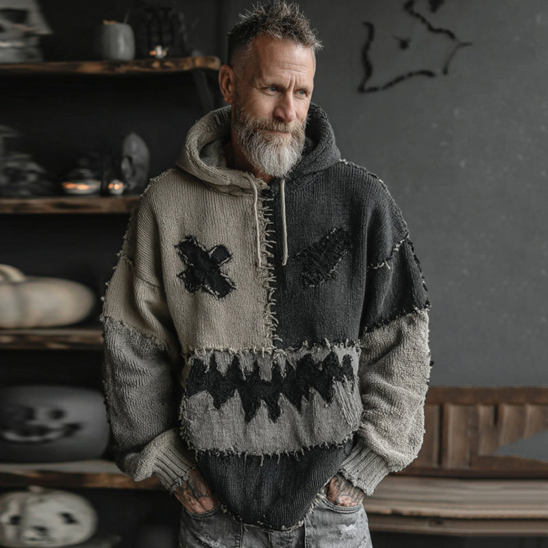 Men's Halloween Spooky Face Colorblock Stitched Hooded Cozy Knit Sweater artswardrobe