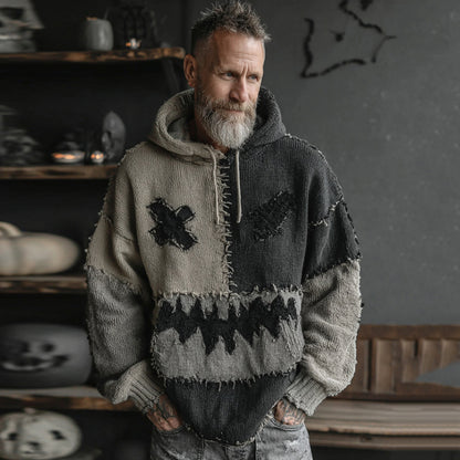 Men's Halloween Spooky Face Colorblock Stitched Hooded Cozy Knit Sweater artswardrobe