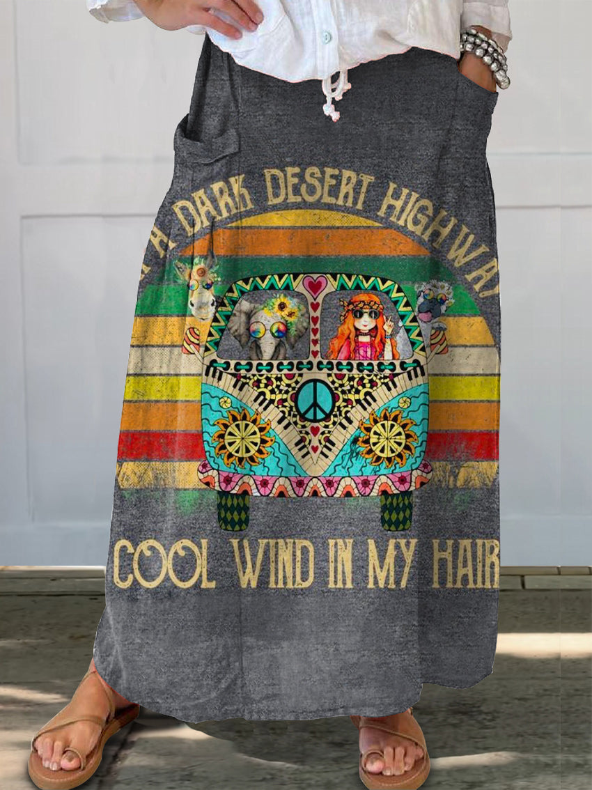 Women's Hippie Cool Wind In My Hair Art Print Linen Pocket Skirt