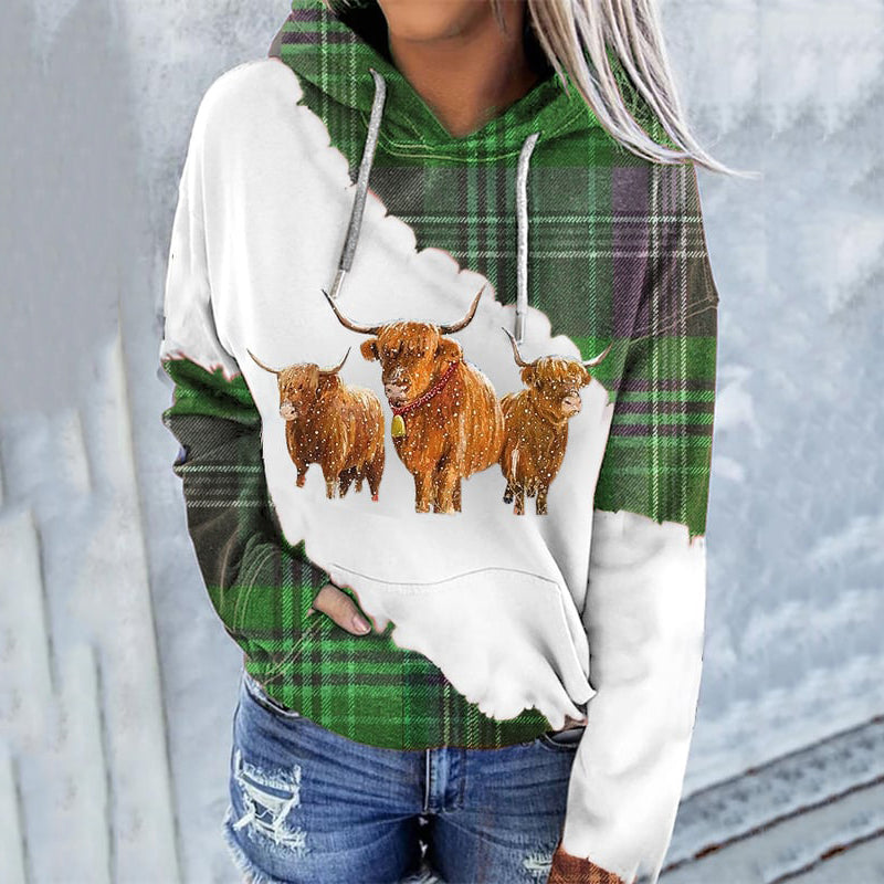 Women's Western Highland Cow Plaid Print Long Sleeve Casual Hooded artswardrobe