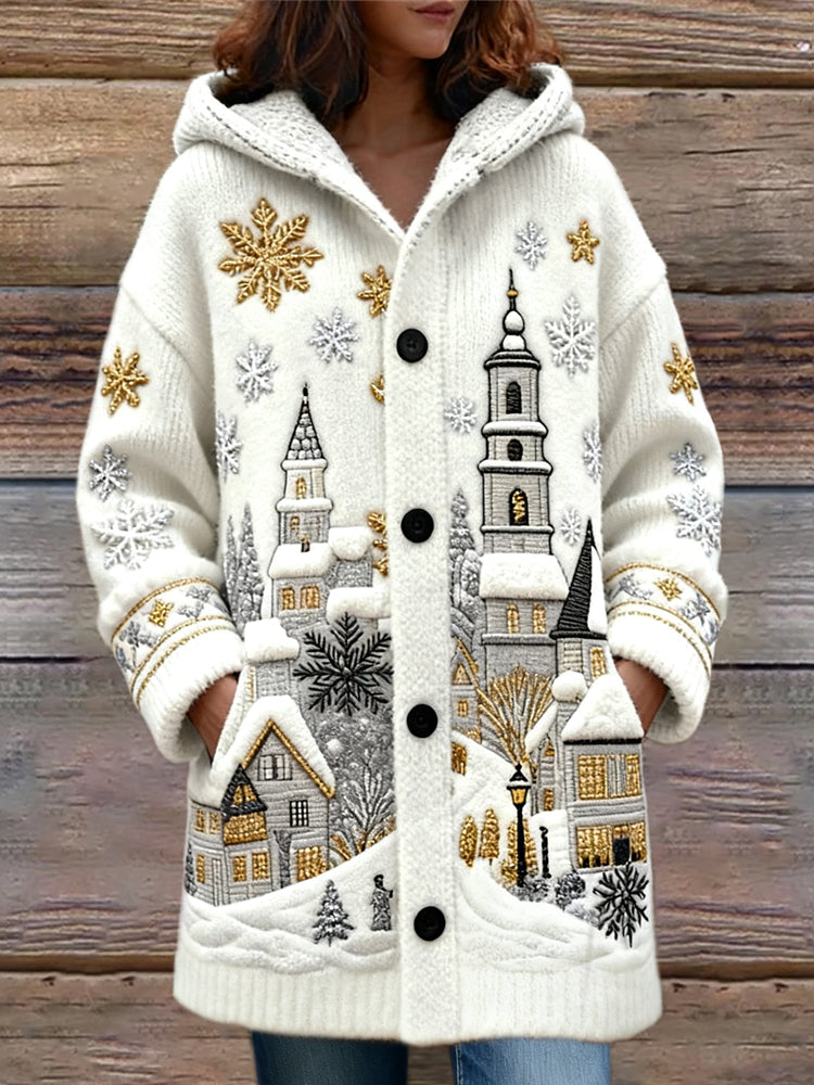 Cardigan in lana con case di villaggio e fiocchi di neve dorati