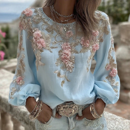 Comstylish Women's Vintage Pink Rose Embroidery Art Round Neck Long Sleeve Linen Blend T-shirt