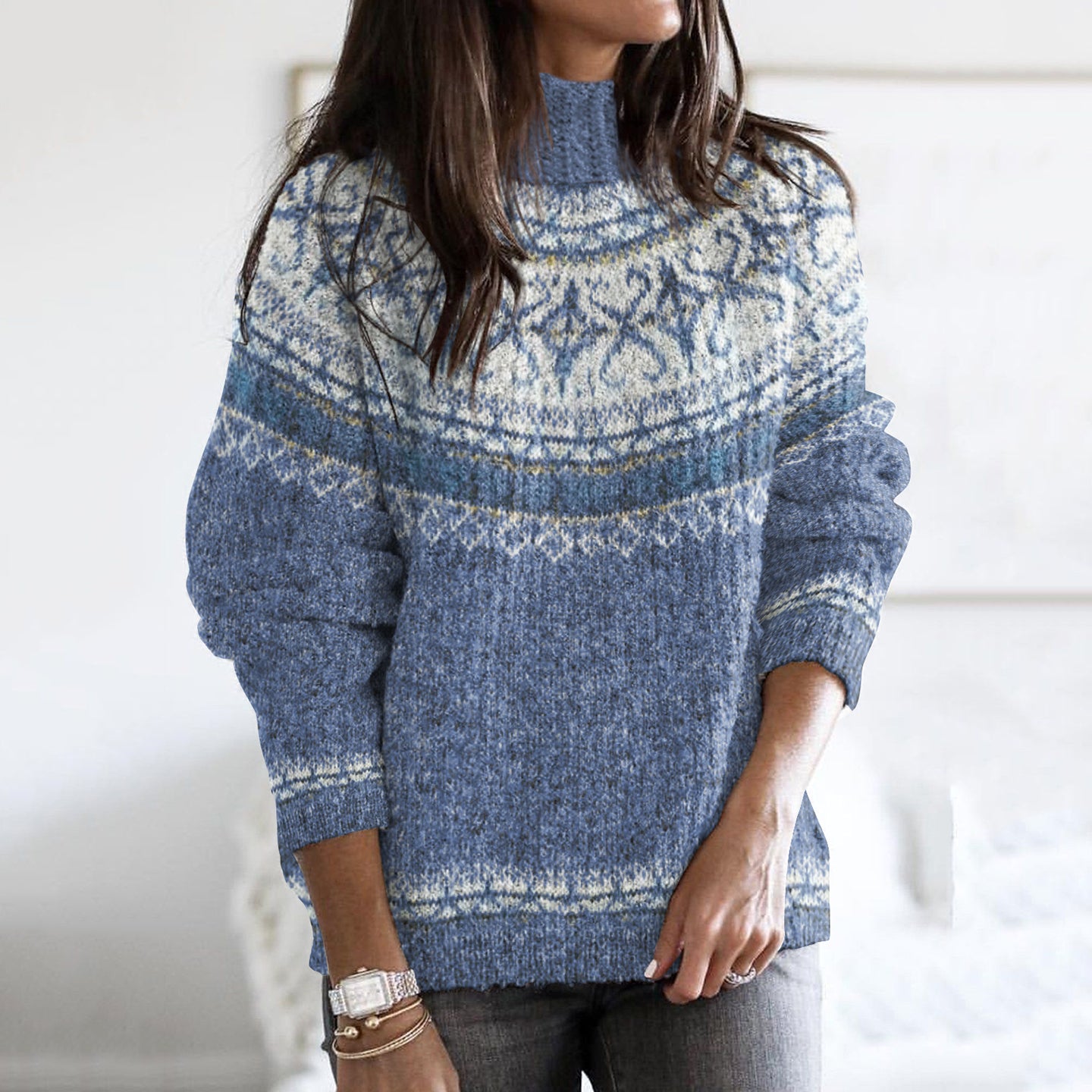 Vintage Fairman Island Geometric Pattern Contrast Turtleneck Sweater elevenforest