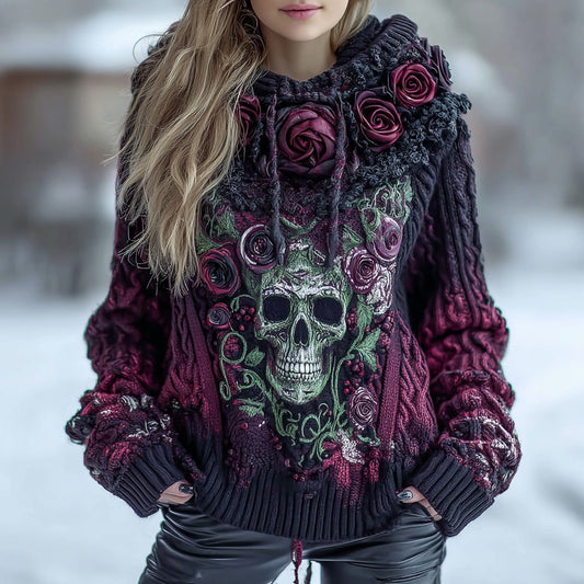 Women's Halloween Skull And Roses Knitted Hooded Sweater artswardrobe
