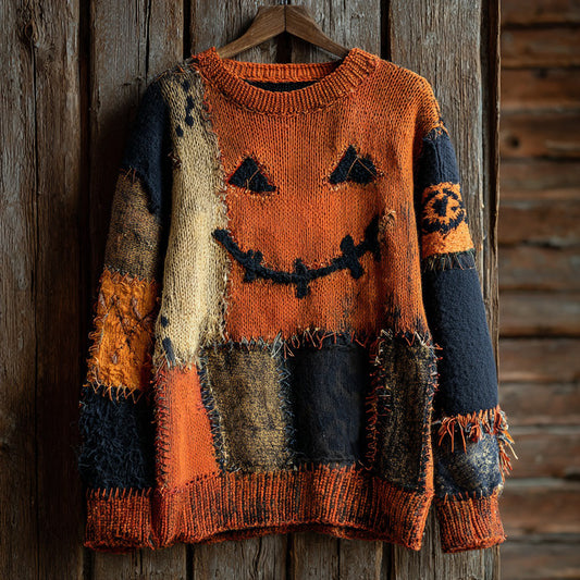 Halloween Pumpkin Face Contrast Stitched Cozy Knit Sweater elevenforest