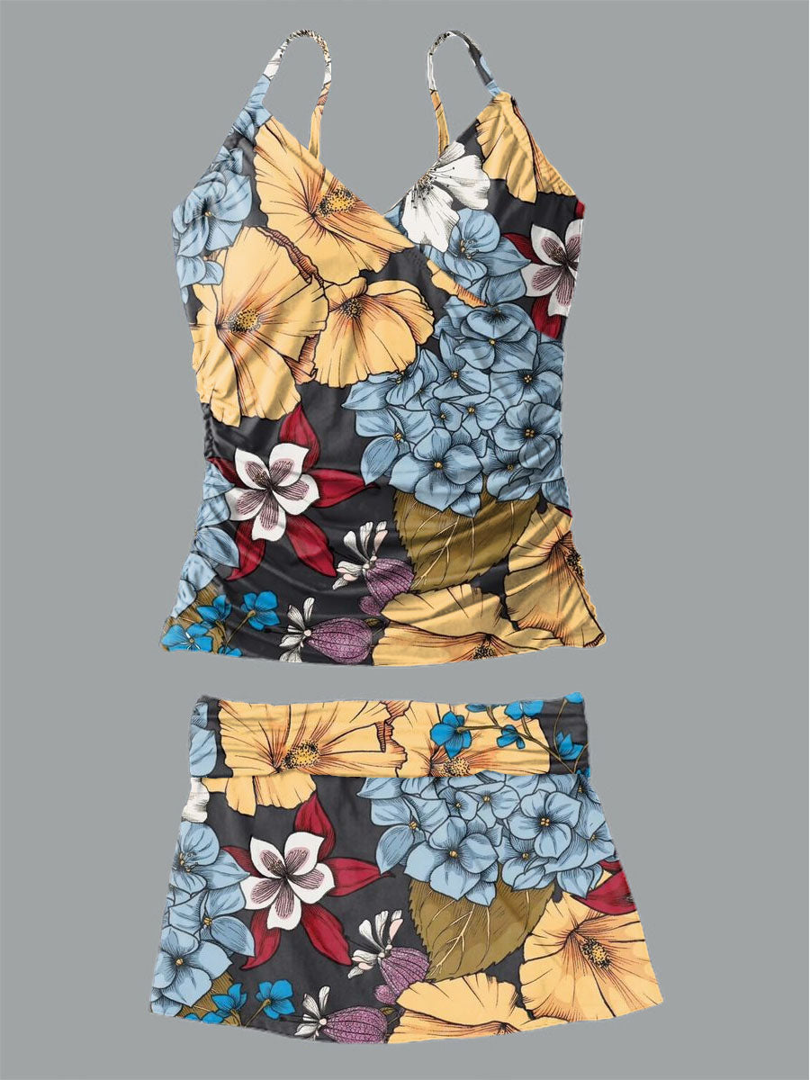 Women's Floral Print Suspender Shirred Swimsuit Set