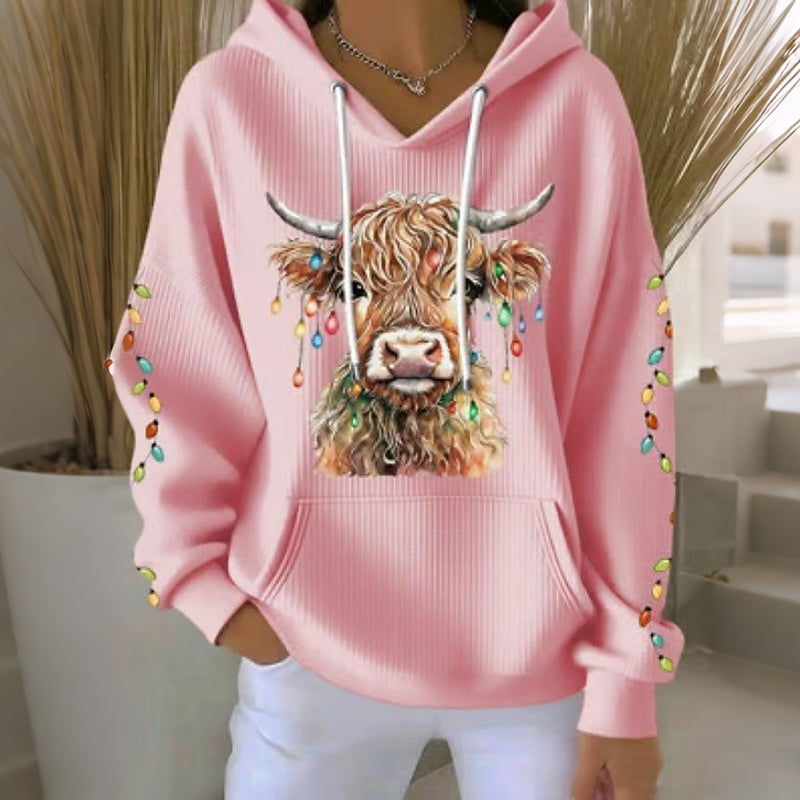 Women's Christmas Highland Cow Print Casual Hoodie artswardrobe