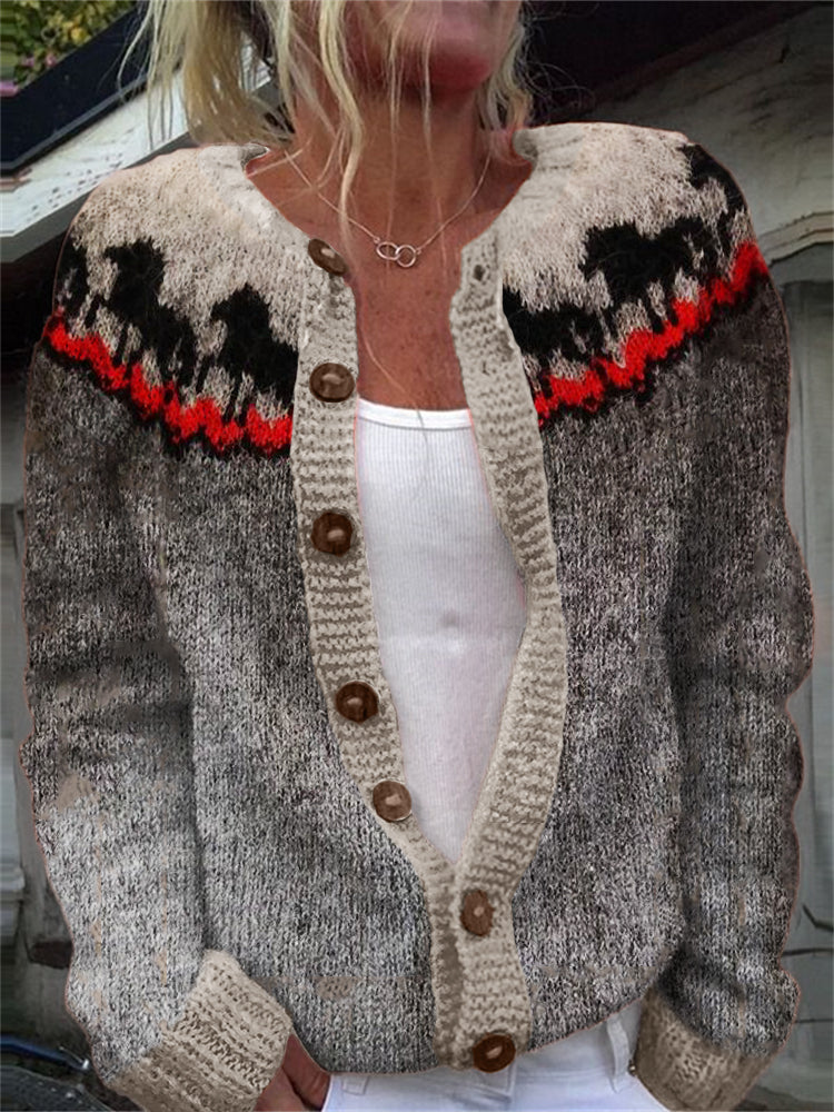 Running Horses Contrast Color Yoke Cozy Cardigan artswardrobe