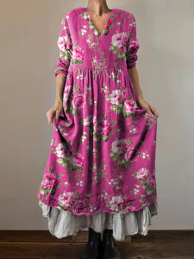 Women's Vintage Floral Art Print V-Neck Button Pocket Cotton Dress