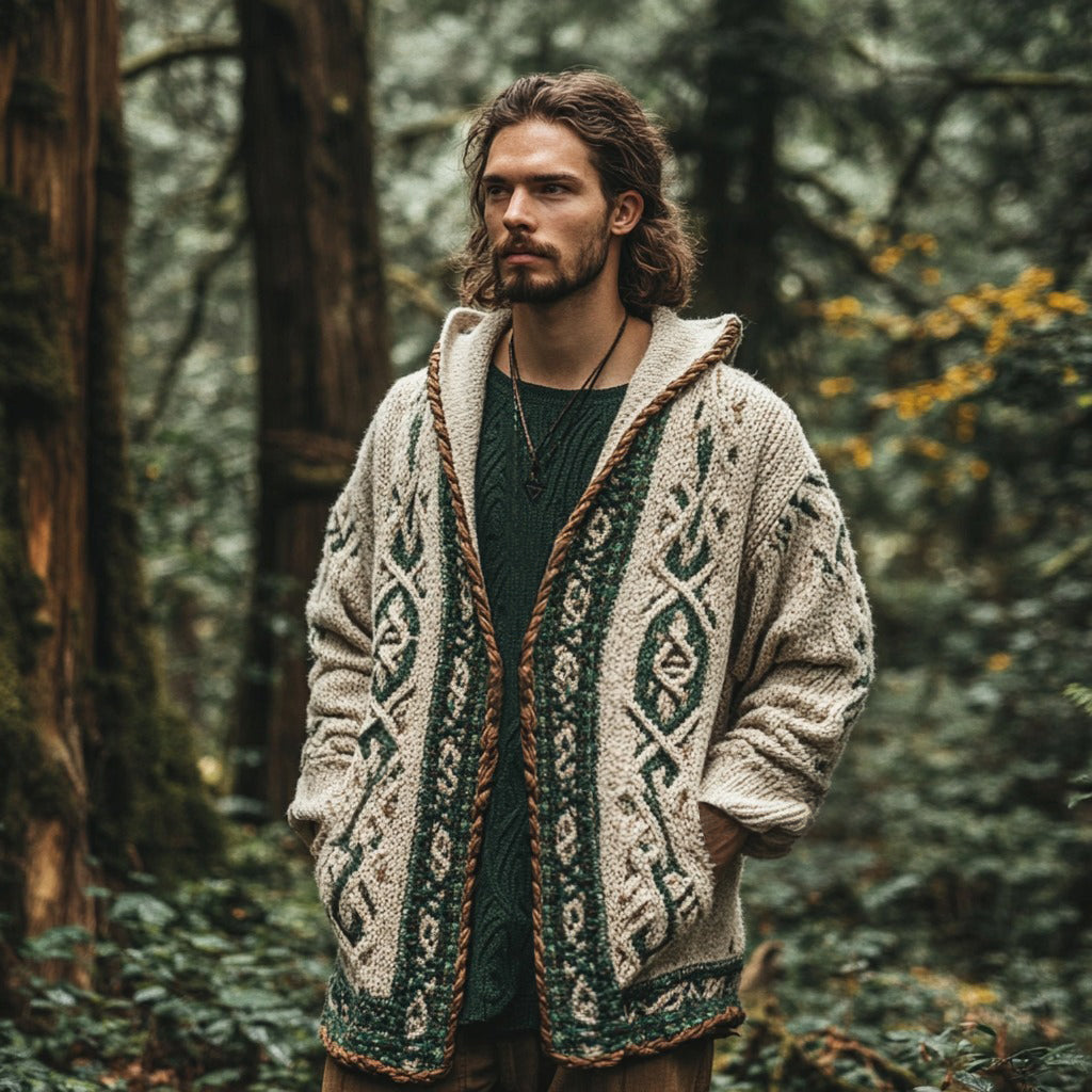 Men's Vintage Celtic Knot Knit Cozy Hooded Cardigan artswardrobe