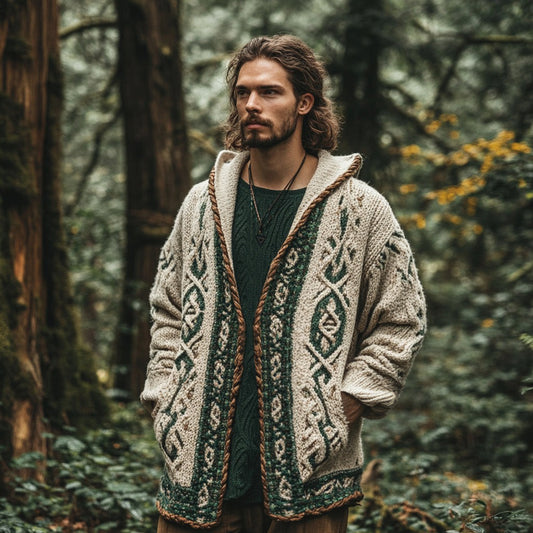 Men's Vintage Celtic Knot Knit Cozy Hooded Cardigan artswardrobe