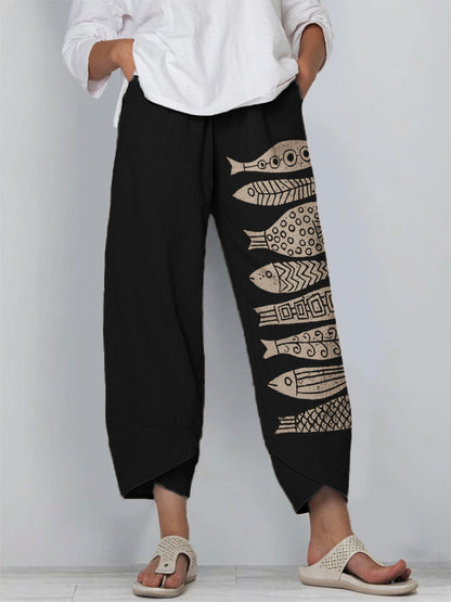 Comstylish Fish Japanese Lino Art Linen Blend Cropped Pants