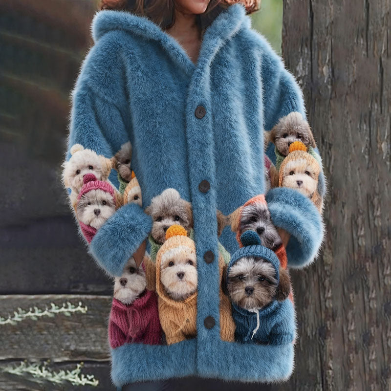Comstylish Women's Cute Dog Pattern Cozy Hooded Sweater Cardigan