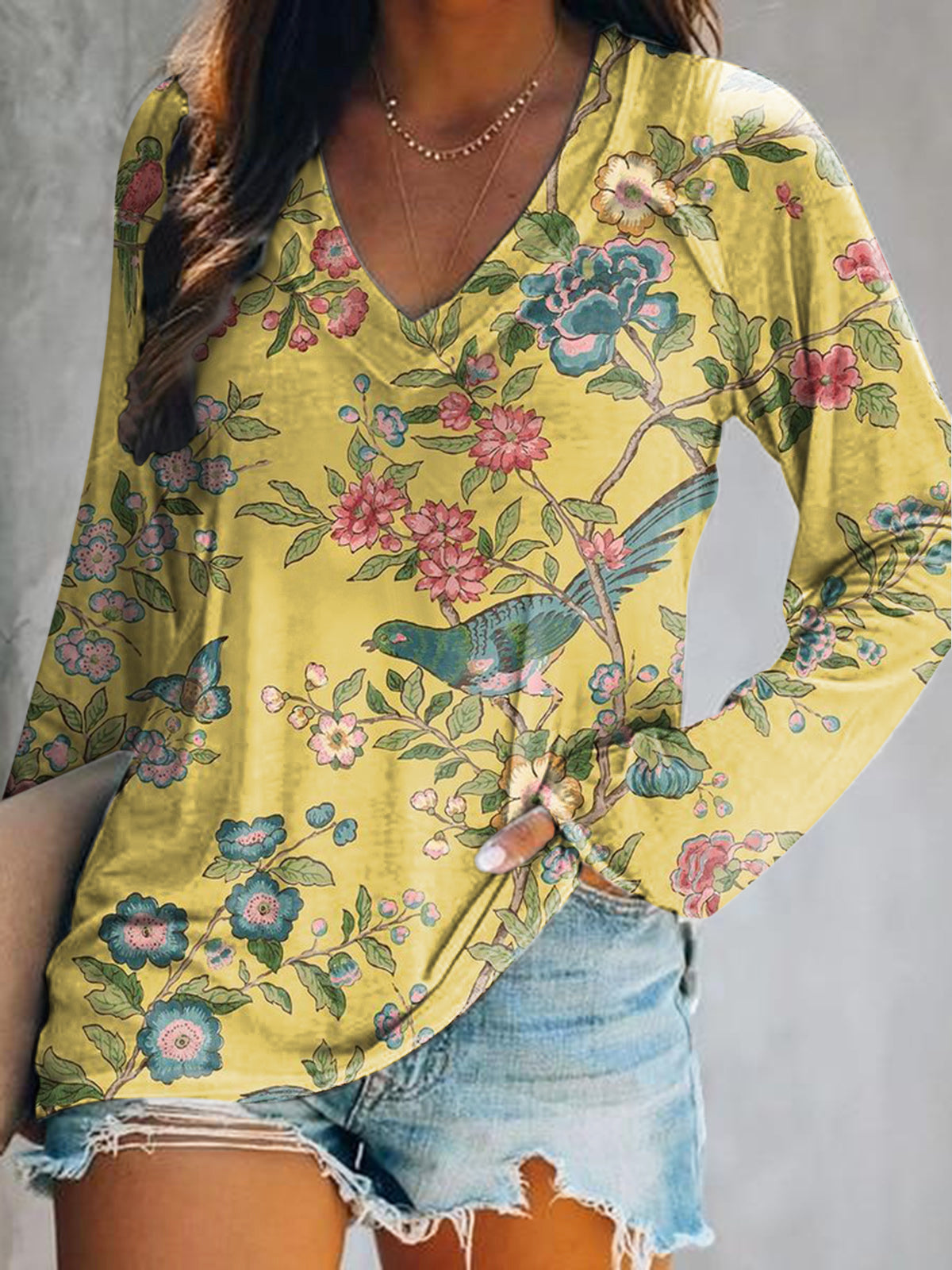 Women's Casual Vintage Floral Bird Art Print V Neck Long Sleeve Tops