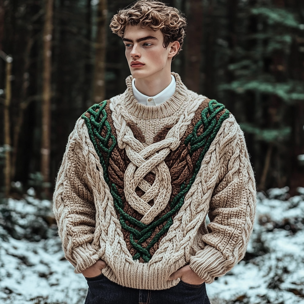 Men's Celtic Knot Contrast Jacquard Crew Neck Sweater artswardrobe