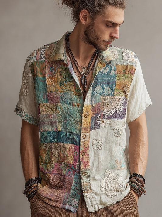 Men's Vintage Floral Lace Embroidered Patchwork Linen Shirt artswardrobe
