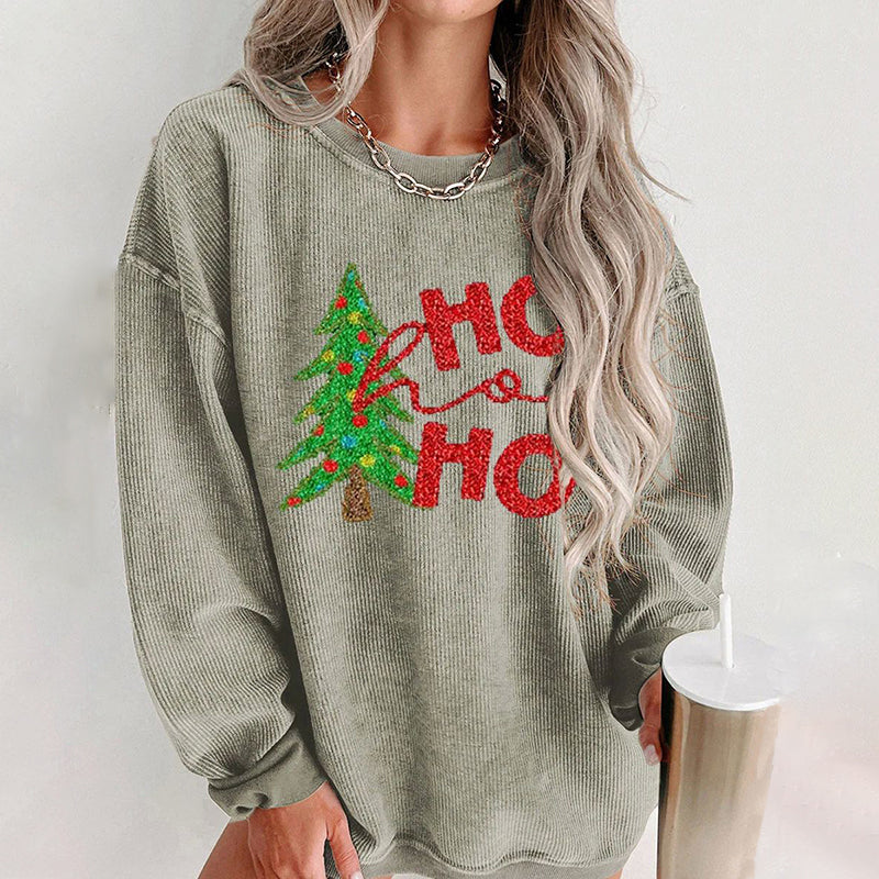 Comstylish Christmas Tree Print Crew Neck Casual Sweatshirt