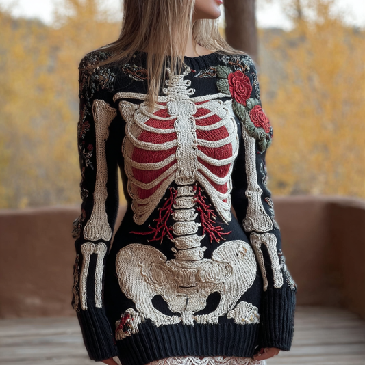 Halloween Human Anatomy Pattern And Flower Pattern Combined Design Women's Round Neck Knit Sweater Dress artswardrobe