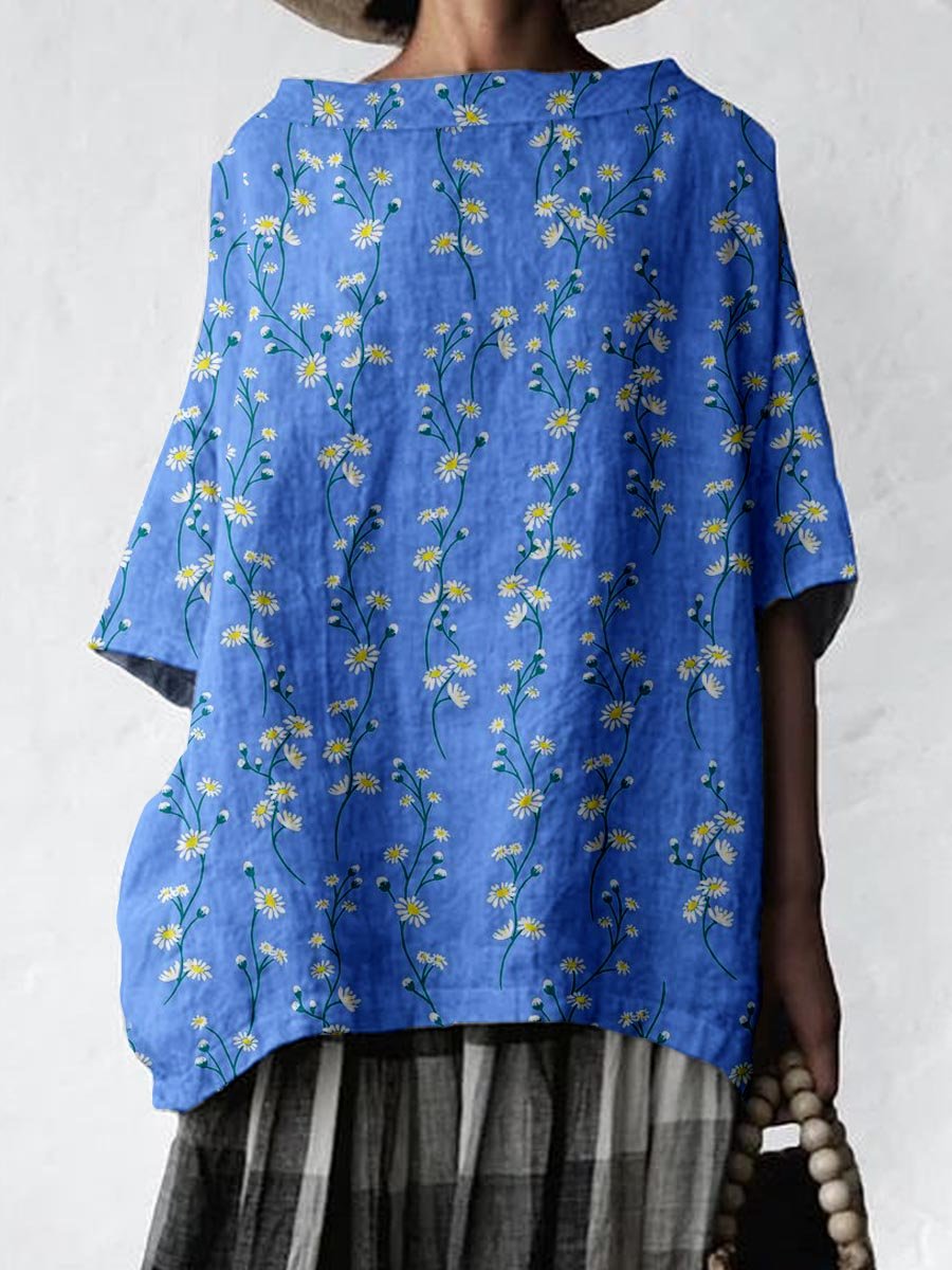 Women's Elegant Floral Cotton and Linen Top