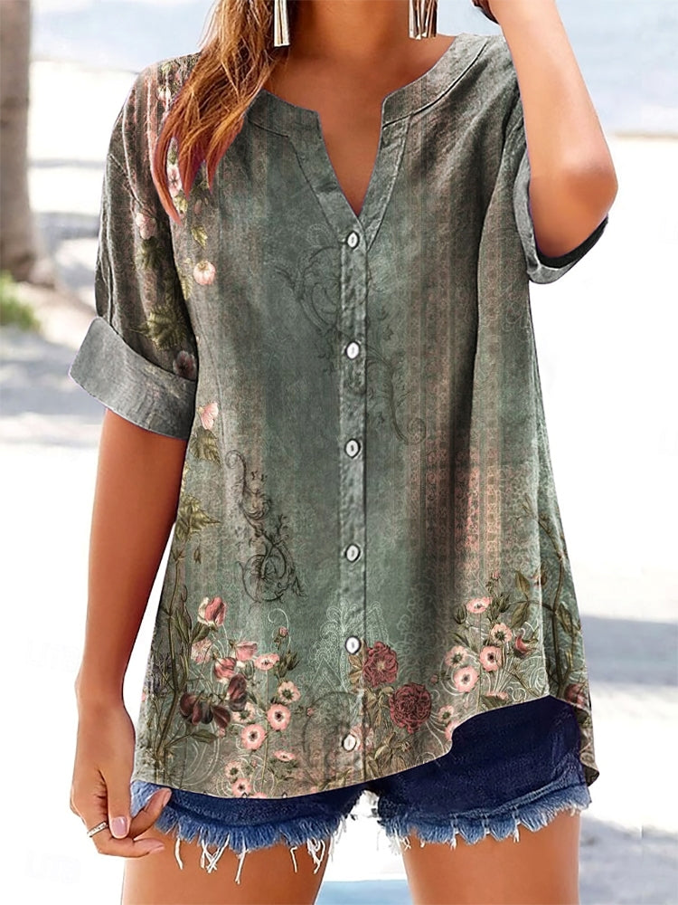 Women's Vintage Floral Art Printed Casual Short Sleeve Cotton and Line