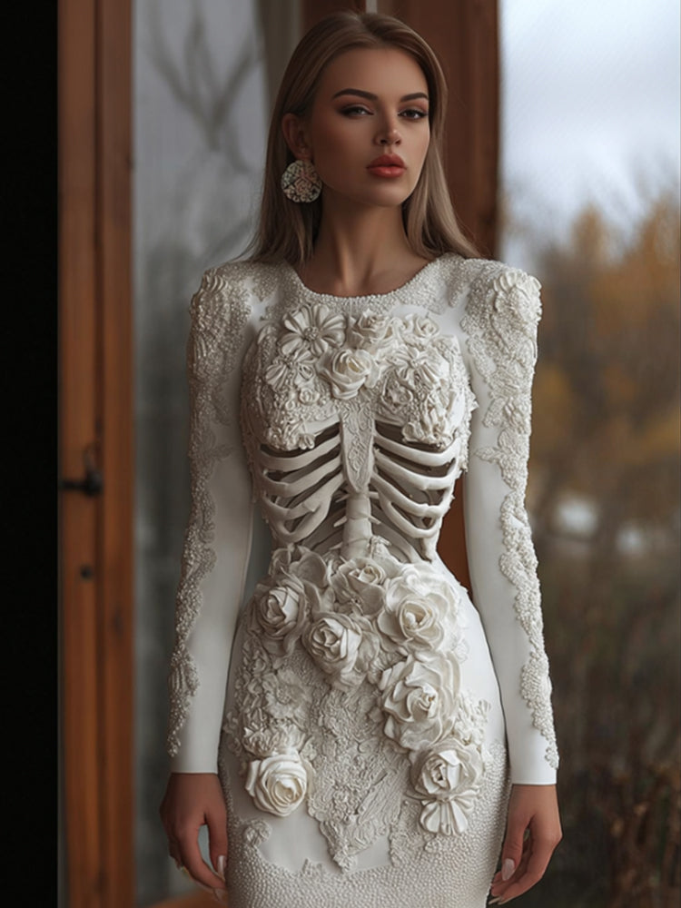 Comstylish Women's Halloween Skeleton Trunk Art Flower Round Neck Long Dress