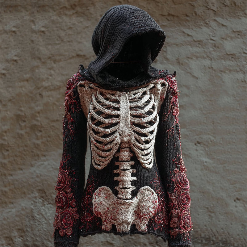 Vintage Bloody Roses Skeleton Crochet Cozy Knit Hooded Sweater artswardrobe