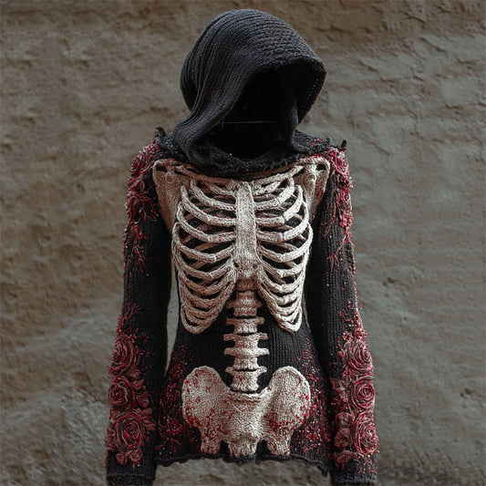 Vintage Bloody Roses Skeleton Crochet Cozy Knit Hooded Sweater artswardrobe