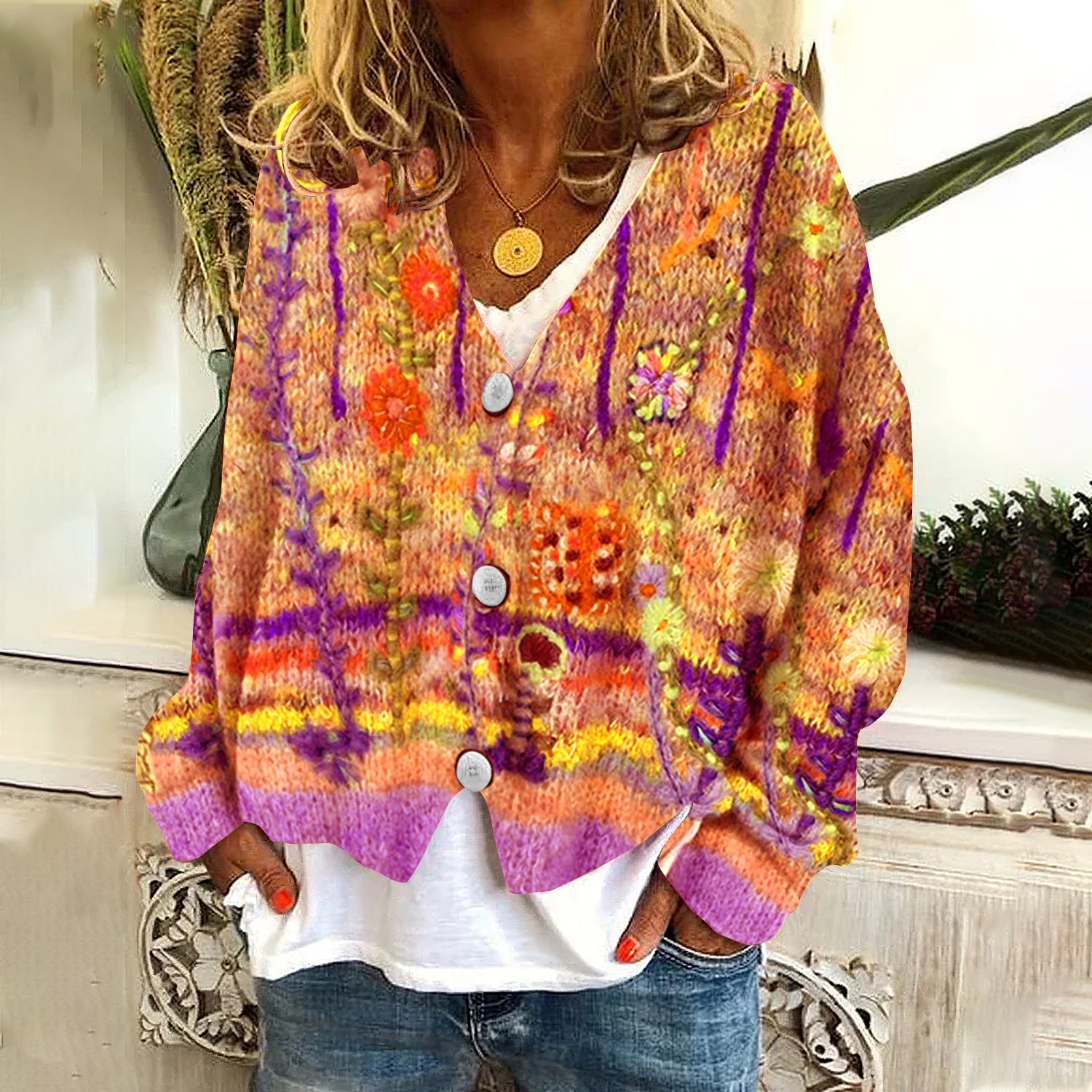 Vintage Floral Print V-Neck Long Sleeved Knitted Cardigan elevenforest